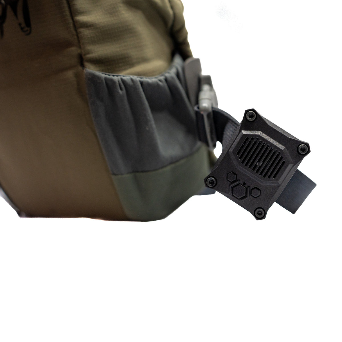 Angled view of the Talking Timer mounted on a green bag strap.