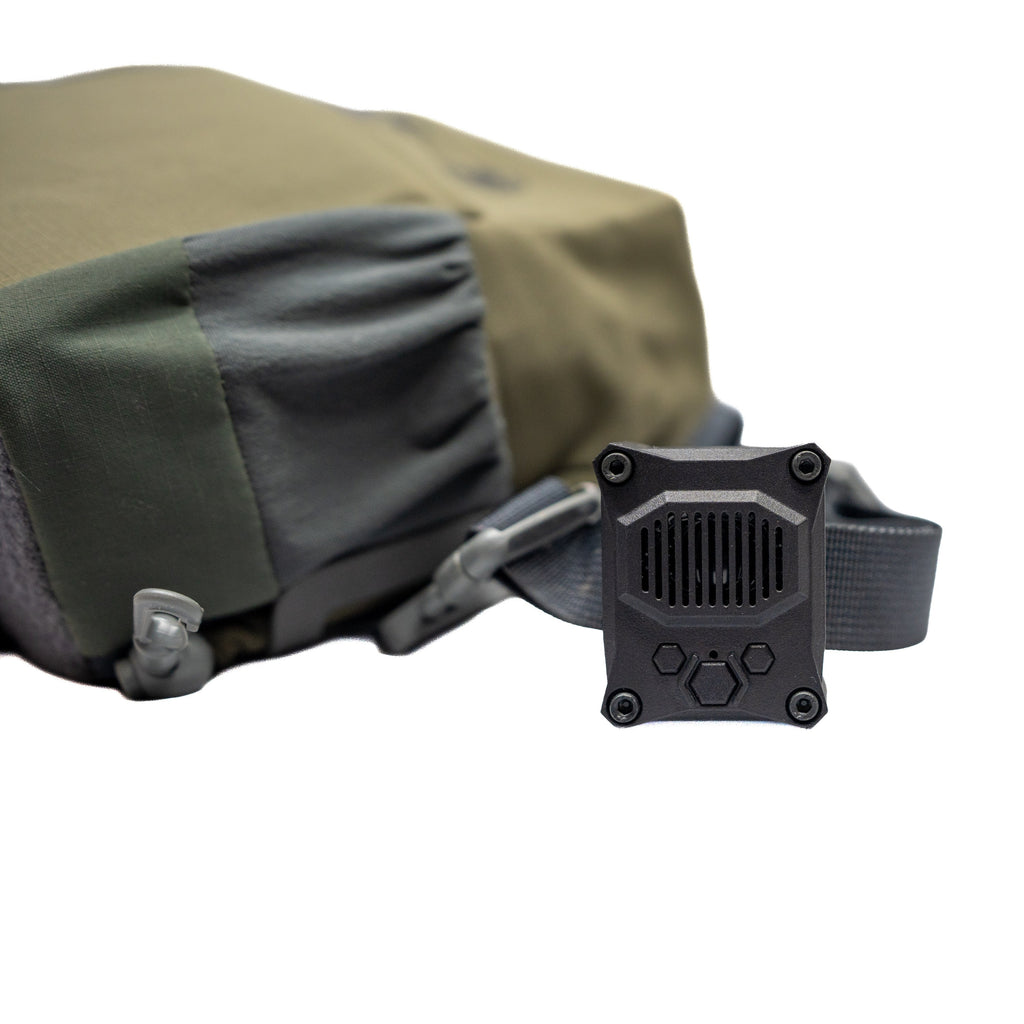 Front view of the Talking Timer mounted on the strap of a green bag.