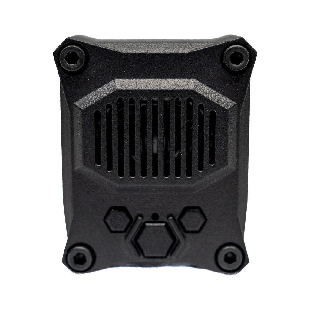 Close front view of the Talking Timer's textured black housing, speaker grille, and controls.