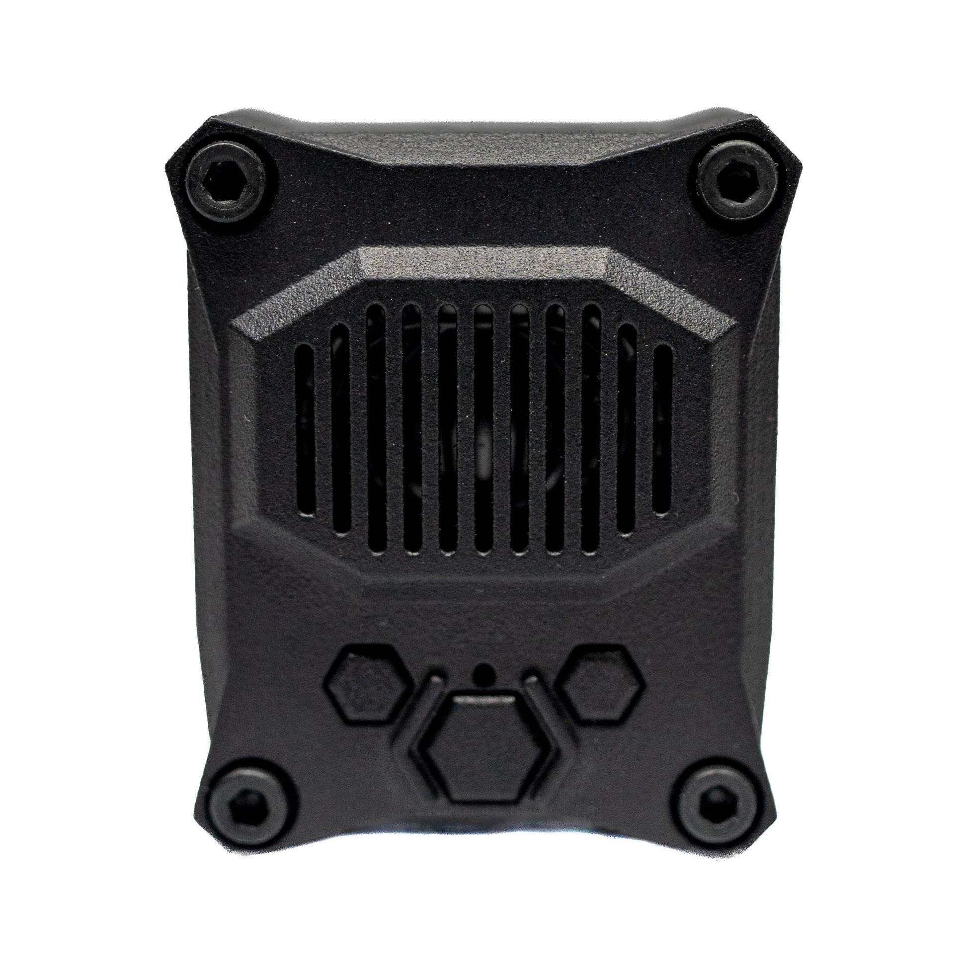 Close front view of the Talking Timer's textured black housing, speaker grille, and controls.