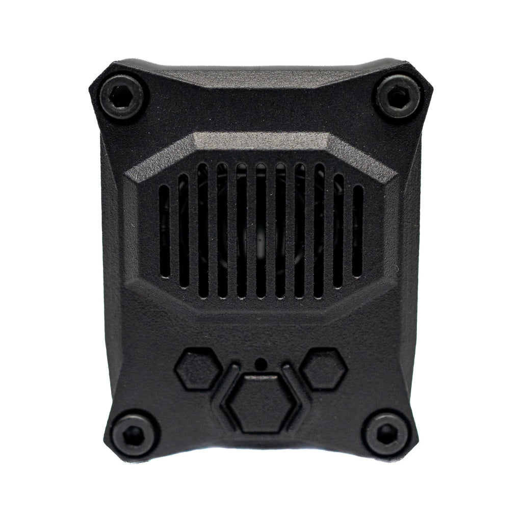 Front view of the black Short Bus Precision Talking Timer, showing the speaker grille, three control buttons, status LED opening, and black oxide screws.