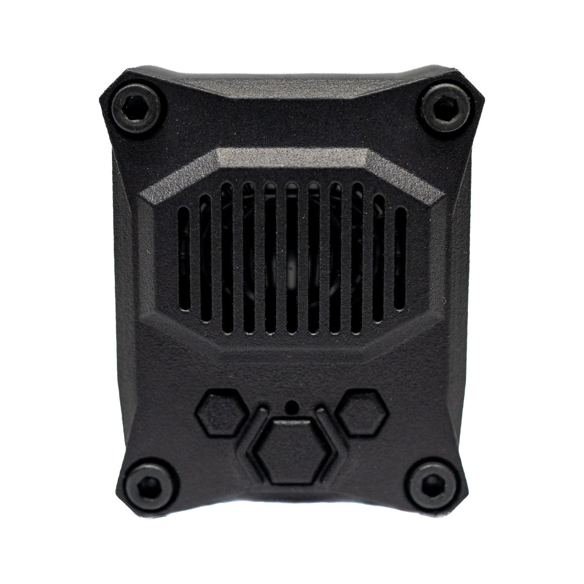 Front view of the black Short Bus Precision Talking Timer, showing the speaker grille, three control buttons, status LED opening, and black oxide screws.