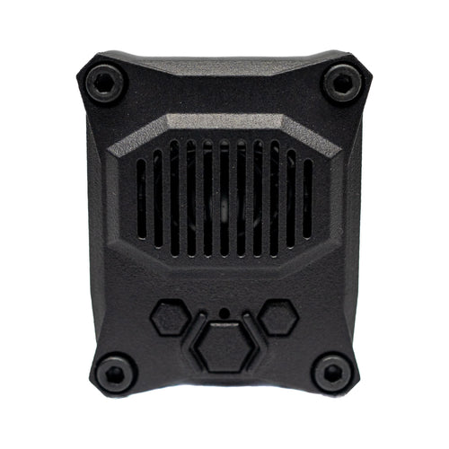 Front view of the black Short Bus Precision Talking Timer, showing the speaker grille, three control buttons, status LED opening, and black oxide screws.