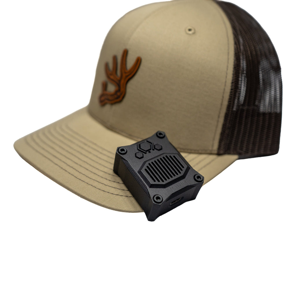 Talking Timer mounted on the brim of a tan mesh-back cap.