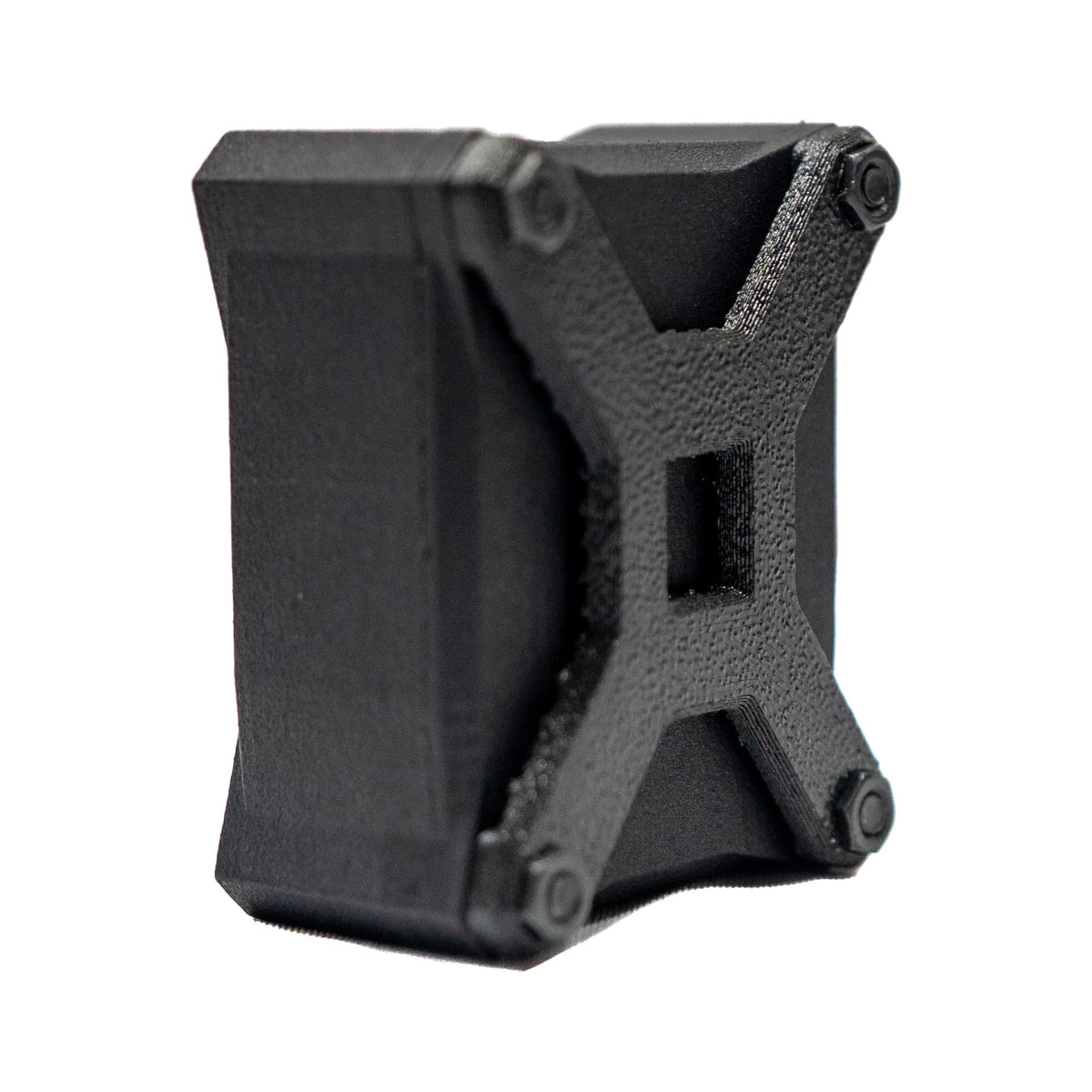 Angled rear view of the Talking Timer with the MOLLE back and black oxide nuts.
