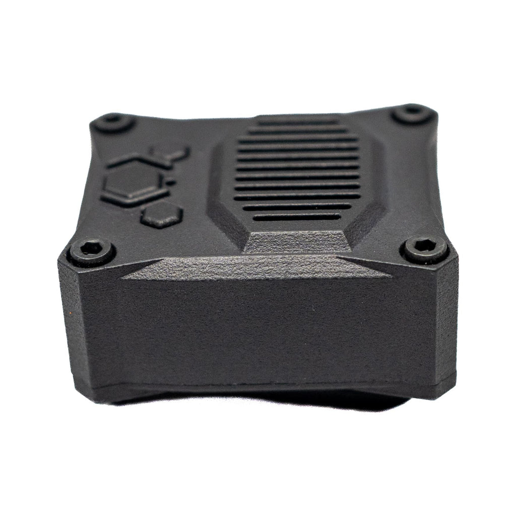 Low side view of the Talking Timer showing the housing thickness and raised front controls.