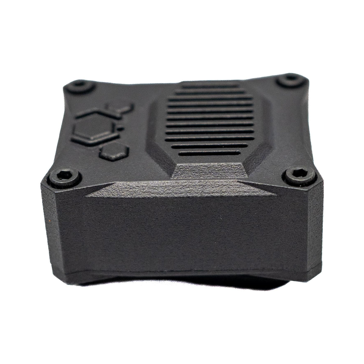 Low side view of the Talking Timer showing the housing thickness and raised front controls.