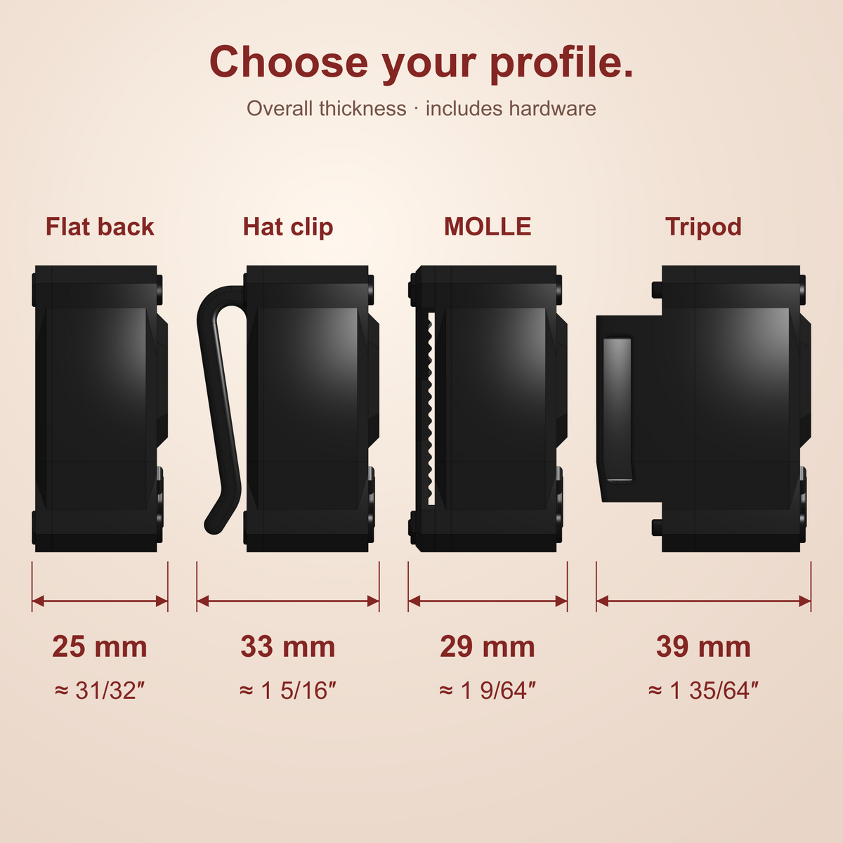 Talking Timer overall thickness including hardware: Flat back 25 mm, approximately 31/32 inch; Hat clip 33 mm, approximately 1 5/16 inches; MOLLE 29 mm, approximately 1 9/64 inches; Tripod 39 mm, approximately 1 35/64 inches. All four native CAD profiles are shown at the same scale.