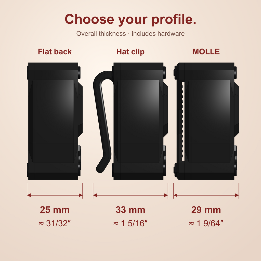 Talking timer overall thickness including hardware: flat back 25 mm, approximately 31/32 inch; hat clip 33 mm, approximately 1 5/16 inches; MOLLE 29 mm, approximately 1 9/64 inches.