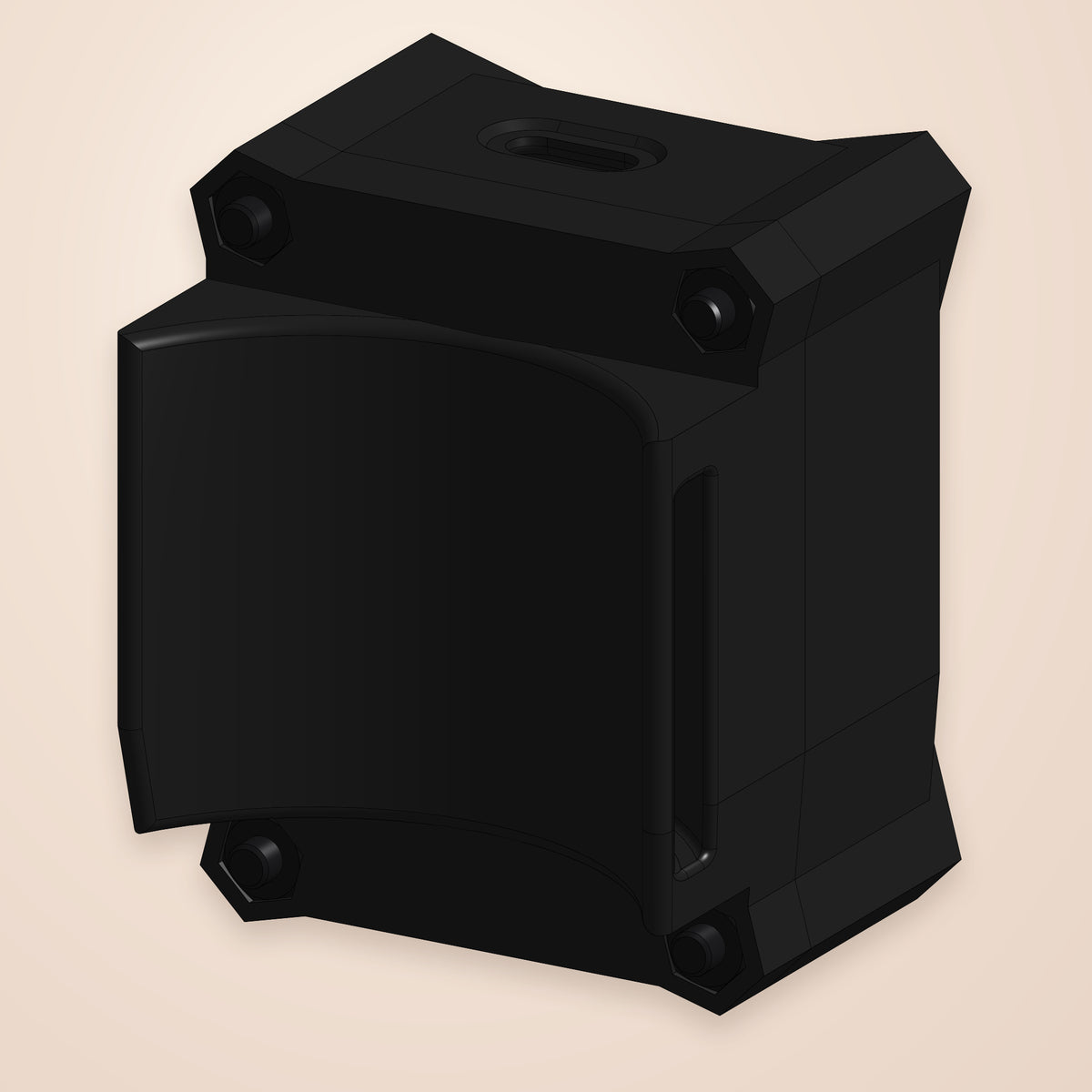 Rear-angle CAD rendering of the Talking Timer with the tripod back, curved cradle, and velcro slot.