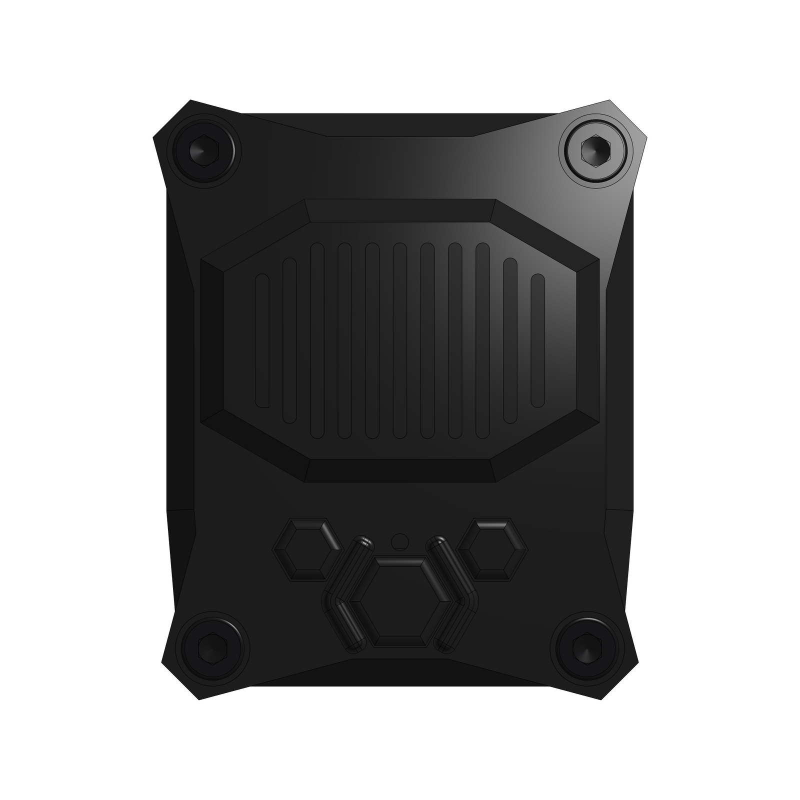 Straight-on front view of the black talking timer, with the speaker grille above the three control buttons and black oxide socket head screws.