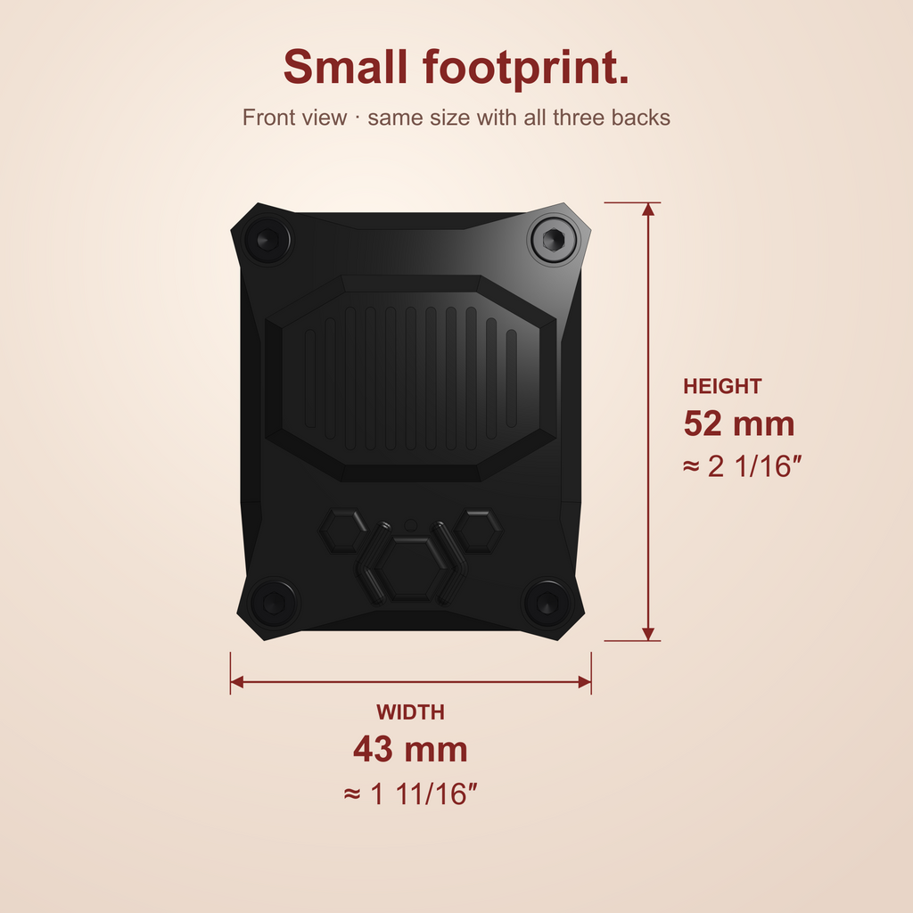 Talking timer front dimensions: 43 mm wide, approximately 1 11/16 inches; 52 mm tall, approximately 2 1/16 inches. Same width and height with all three backs.