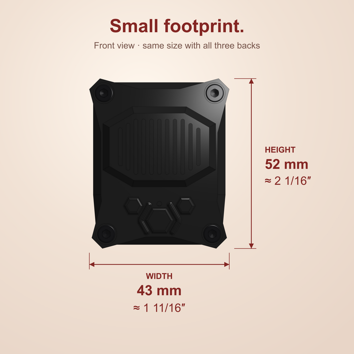 Talking timer front dimensions: 43 mm wide, approximately 1 11/16 inches; 52 mm tall, approximately 2 1/16 inches. Same width and height with all three backs.